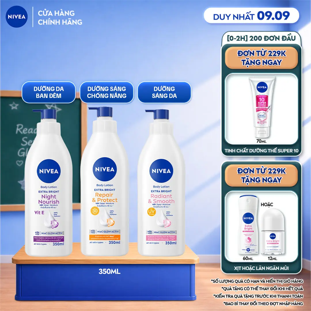 Sữa Dưỡng Thể NIVEA Extra Bright Dưỡng Sáng Mịn Da/Chống Nắng Ban Ngày/Sáng Da Ban Đêm (350ml) - 88311/98413/98412
