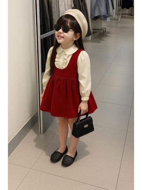 7-18kg Set 2 chi tiết áo sơ mi + Yếm Đỏ chất nhung cho bé gái