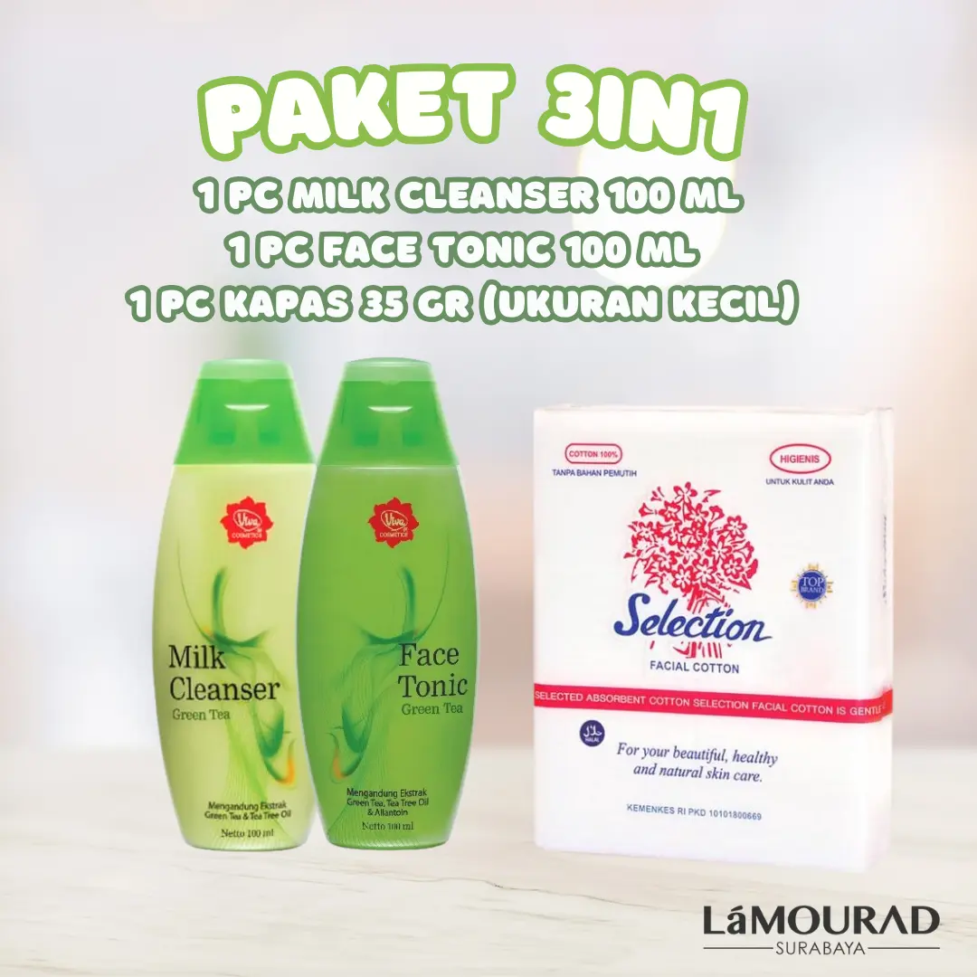 BUNDLING 3in1 VIVA Milk Cleanser + Face Tonic + Kapas 35gr (KECIL)