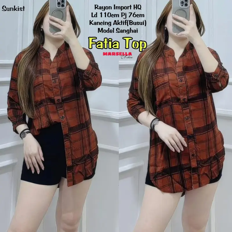 BLOUSE RAYON WANITA MOTIF KOTAK KOTAK TERBARU LENGAN 7/8 PAKAIAN WANITA BAJU ATASAN KEKINIAN 2