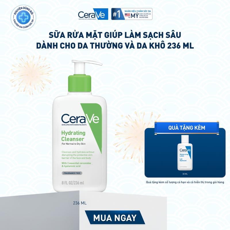 DEAL HOT Sữa rửa mặt giúp làm sạch sâu dành cho da thường và da khô Cerave Hydrating Cleanser 236ML dạng gel không tạo bọt làm sạch sâu dịu nhẹ và cung cấp độ ẩm cho da. Chăm sóc da_Sữa rửa mặt_Skincare cho Nam và Nữ_Cleansing