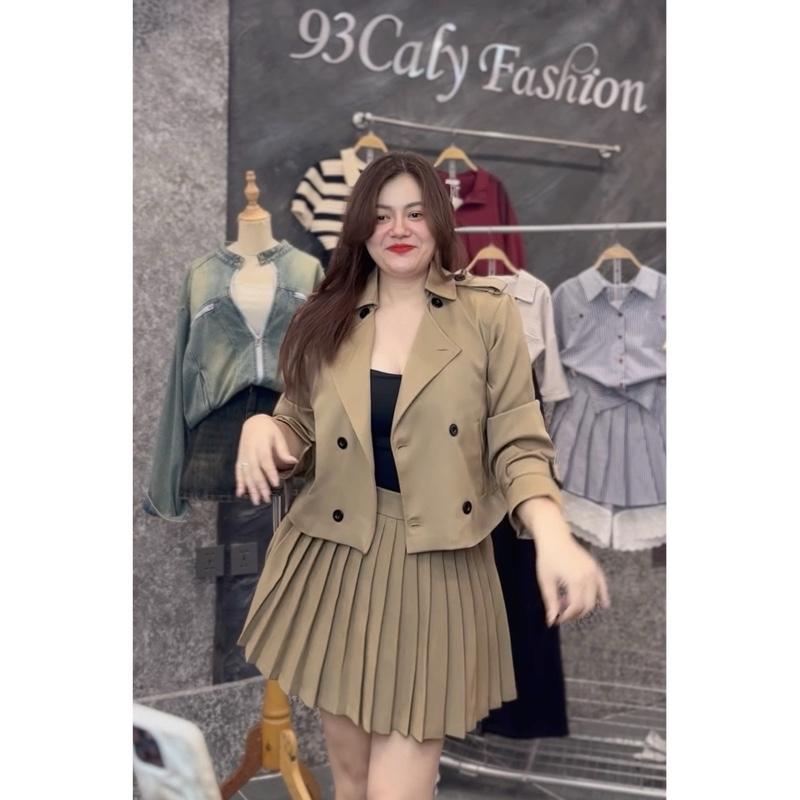 471 BIGGSIZE Áo khoác Mangto cổ vest dáng lửng hàng 2 lớp phối cúc cao cấp