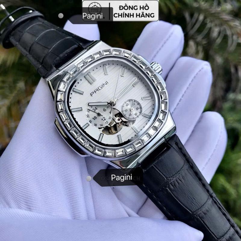 Đồng Hồ Cơ Nam PAGGNI Mặt Vuông Đính Đá BEZEL Chạy full 5 Kim Dây Da Cao Cấp Máy lộ Tim mặt