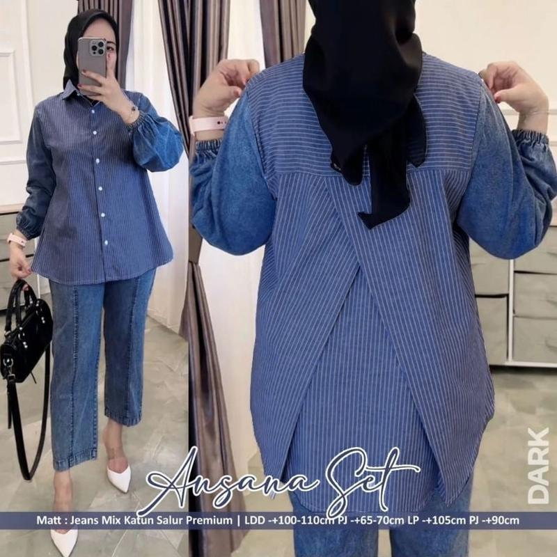 Setelan Celana Jeans Premium Mix Katun Salur Ansana Oneset Wanita Elegan dan Mewah 0