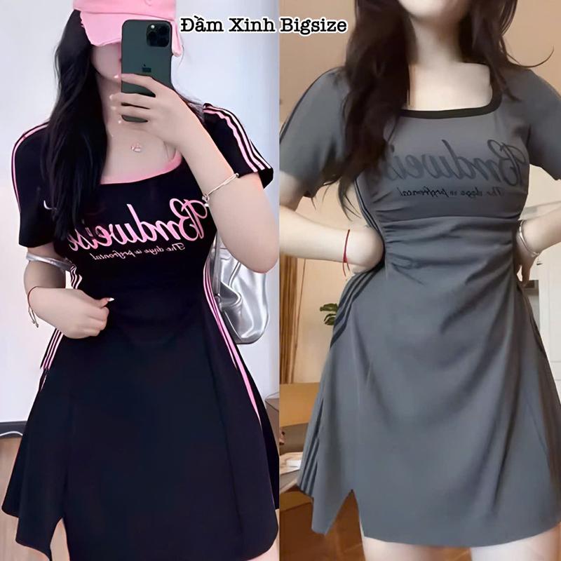 Thời Trang Bigsize - Đầm Váy Bigsize Nữ Dáng Ngắn Chữ A Sọc Thể Thao Nhún Eo in Chữ Chất Thun Tăm cổ Vuông Che Bụng Cho Nàng Chuppy Hot Hit Nữ Cao Cấp Xinh Đẹp Sang Trọng Dễ Thương Giá Rẻ 40-95kg Én Nhỏ Có Bigsize Nhung Đen Voi Kem Tím - 2479 2507