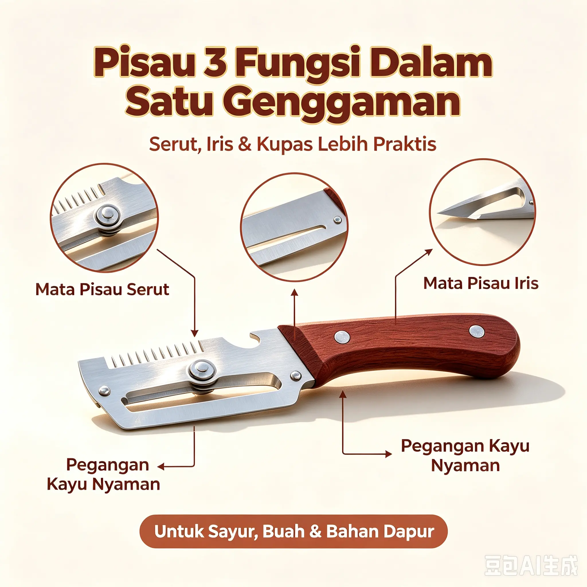 Alat Pengiris Multifungsi Tiga Kegunaan Gagang Kayu Stainless Buat Serut Kupas Iris Sayur Buah Rumah