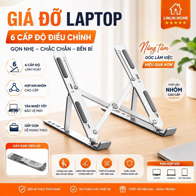 Giá Đỡ Laptop, Kệ Kê Laptop Hợp Kim Nhôm Cao Cấp 16inch , 6 Cấp Độ Điều Chỉnh, Gấp Gọn Tiện Lợi