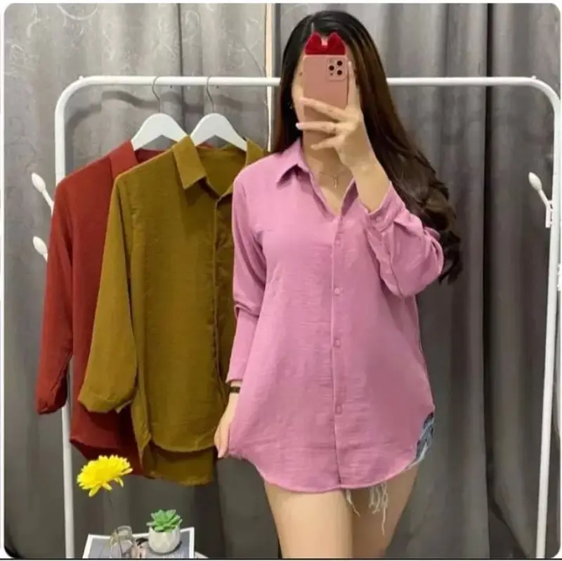 Kemeja Wanita Crinkle Airflow Atasan Wanita Polos Lengan Panjang Terbaru Kekinian Terlaris Basic Formal Kerja Ngantor Oversize Motif Tangan Kancing 3
