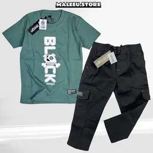 MALEEU.STORE Setelan Anak Kaos Distro Celana Kargo Panjang Usia 3-12 Tahun Baju Fashion Bahan Katun Nyaman Untuk Acara Formal Dan Informal Bestseller Promo