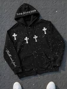 Sudadera con cierre de hombre, Sudadera con capucha de moda brillante estrellada, Suéter casual y holgado de manga larga para atuendos de otoño e invierno, Tela gruesa y suave, Prenda masculina para uso diario