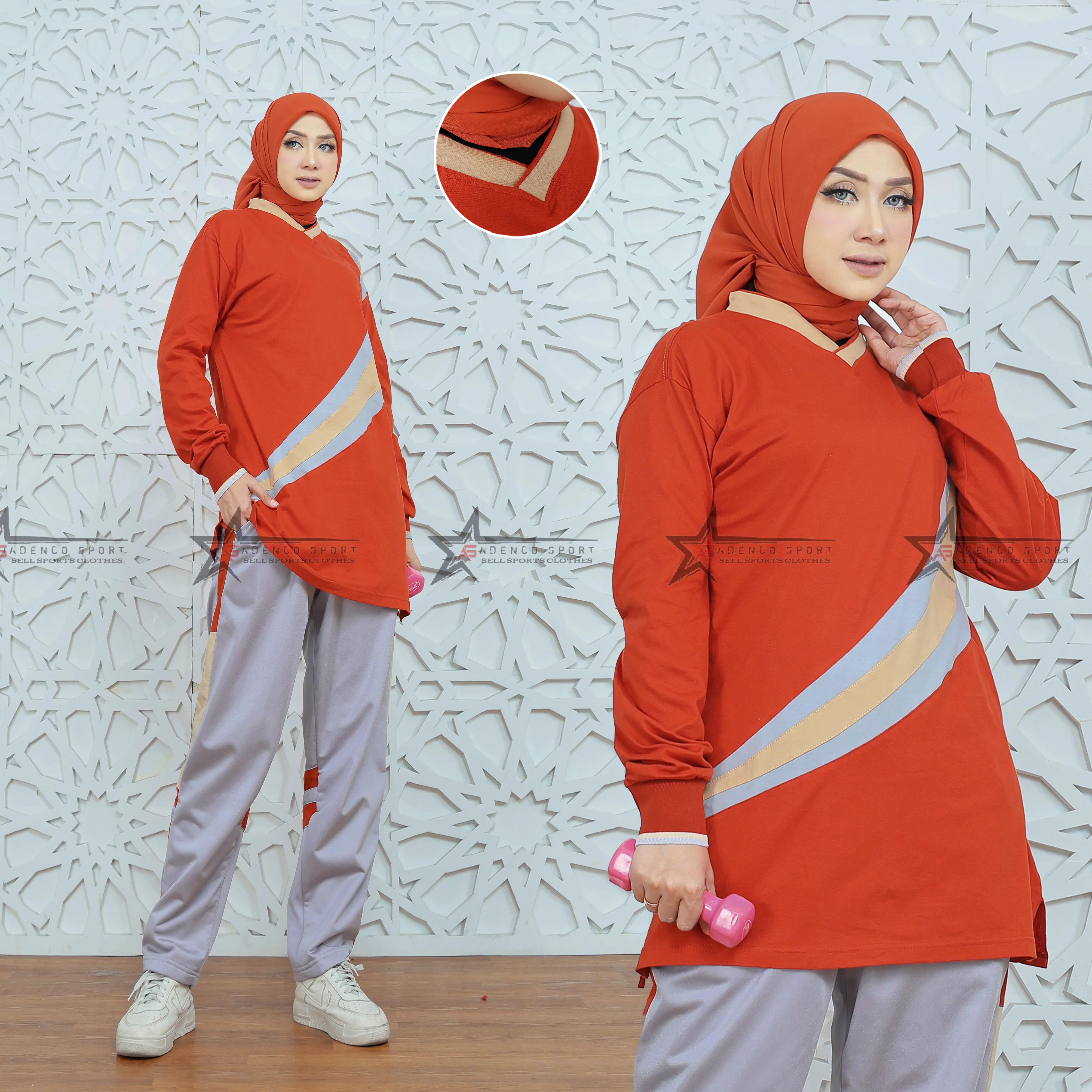 Setelan Baju Olahraga Senam Wanita Tunik Muslimah Lengan Panjang Terbaru Bahan Kattun Cardet Gramasi 24s Ukuran M L XL XXL Sport