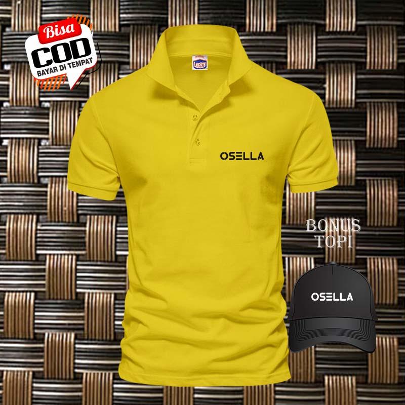 POLO SHIRT PRIA baju kaos kerah / kaos berkerah Osella Text Kiri Hitam Bonus Topi / Kaos Polo Atasan Tshirt Pria Kerah Wangki 2