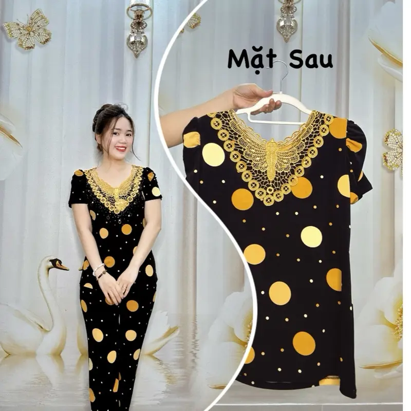 A74 Đồ bộ thun nữ trung niên hoạ tiết chấm bi, cổ ren cặp trước sau thương hiệu Hải Sơn Women