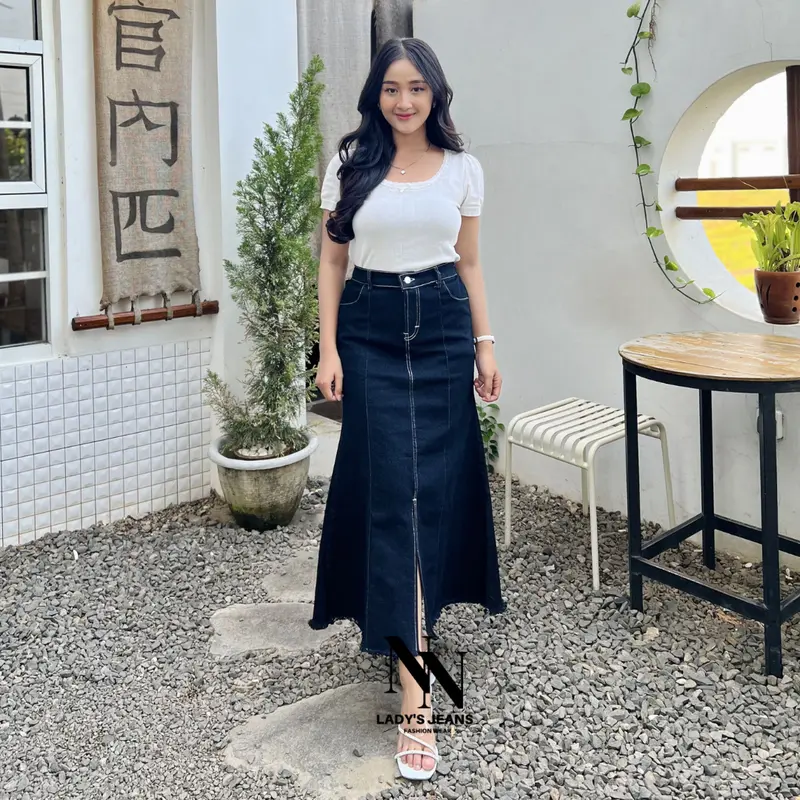 NN -  Mermaid Maxi Skirt Rok Duyung Wanita Casual Jeans Kancing Karet Belah Depan rok  duyung span rok  jeans Panjang Denim 2