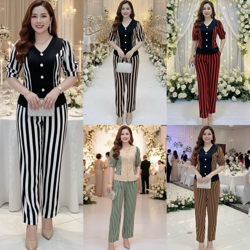 Đồ Bộ Trung Niên HD158T Vải Lụa Thái Cao Cấp Áo Tay Ngắn Phồng Nhẹ Quần Dài Ống Suông Sọc Dọc Tone Màu Đen Phù Hợp Cho Người Từ 48kg Đến 80kg Che Dáng Tốt Hack Chiều Cao Sang Trọng Thanh Lịch Dễ Mặc