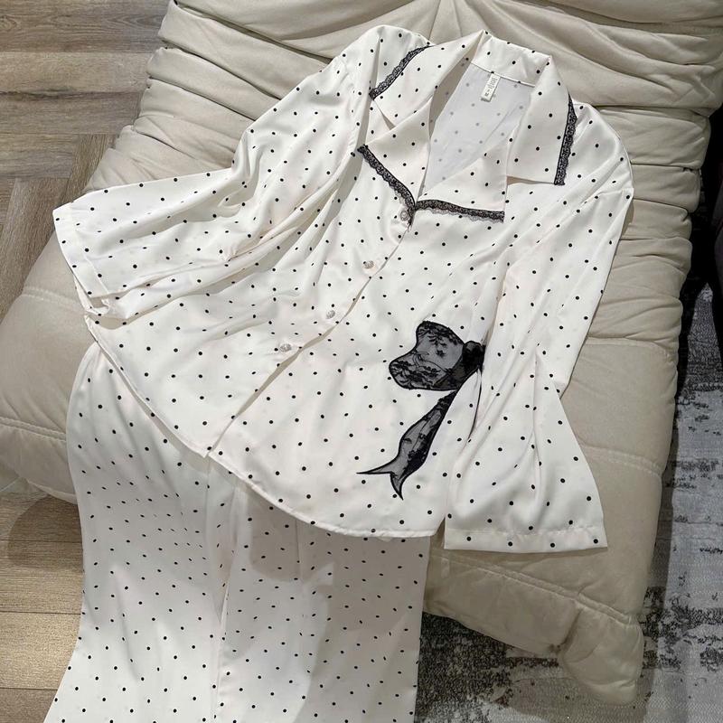 N331- Pijama dì tay lụa tiểu thư chấm bi phối nơ ren cho nữ - Bộ ngủ mặc nhà hàng quảng châu cao cấp cho nữ (women)