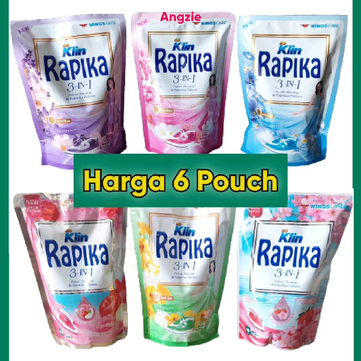 6 pouch RAPIKA 300 ML  Pewangi Pakaian Biru Hijau Bunga