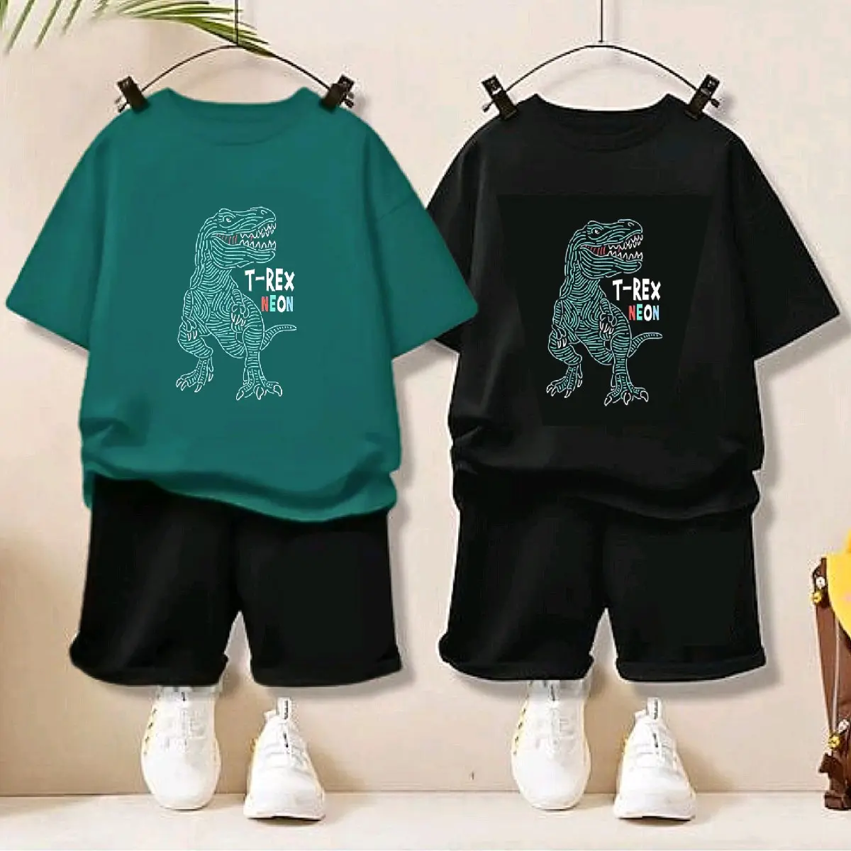 Setelan Baju Anak Motif Trex Neon Satu Setel Kaos Dengan Celana Fashion