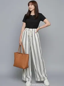 EL - Everyday Pants - Strip Pants - Celana Panjang Wanita Baggy Kantor Kuliah - Kulot Pinstripe - Celana Formal Casual Wanita Loose Motif Garis Kantong