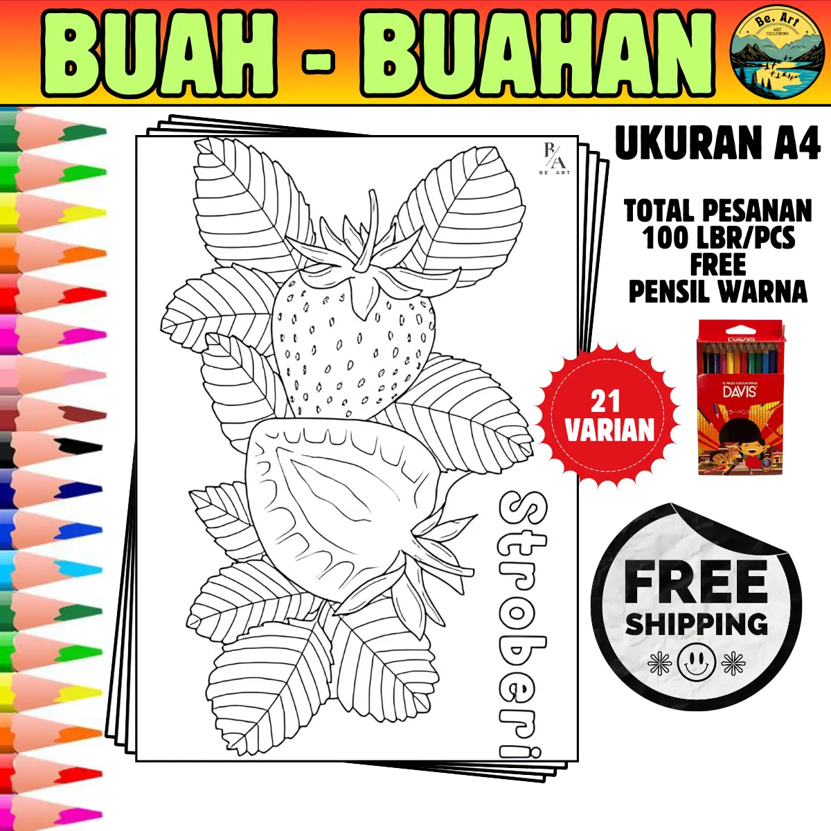 Kertas Gambar Mewarnai Anak A4 (BUAH-BUAHAN) - Mainan Anak - Toys Toys Belajar Kotak Perempuan