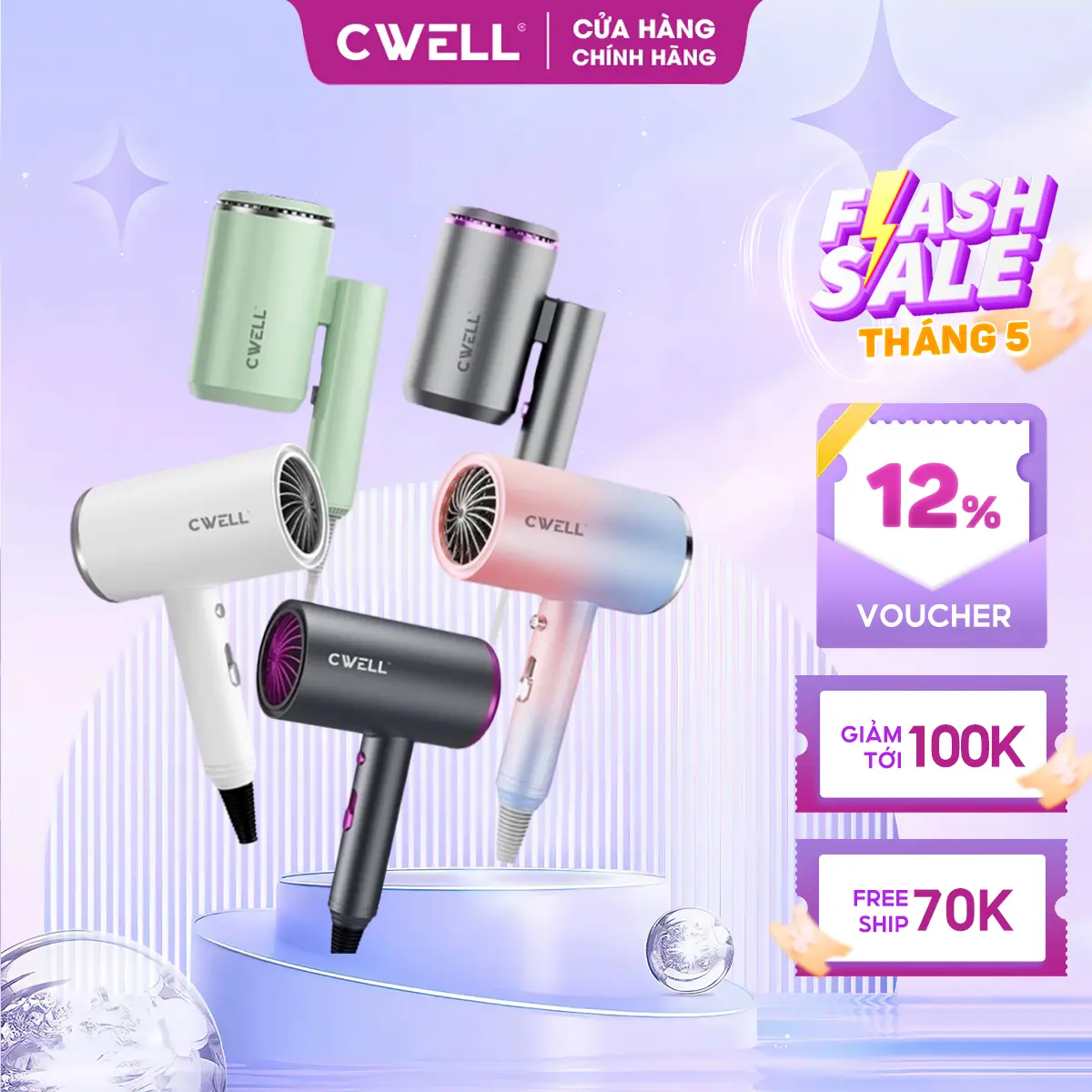 Máy sấy tóc mini CWell 4 mùa nâng cấp 1200W, 3 chế độ sấy ấm - nóng - mát kèm ánh sáng xanh, nút ngắt nhiệt nhanh, giảm khô tóc khi sấy cho nam & nữ - TẶNG ĐẦU SẤY C02HD - BH 12 THÁNG