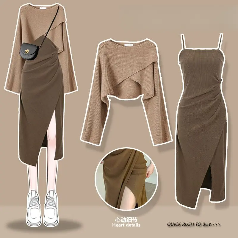 Spring and Autumn Set Women's 2023 New Korean Edition Foreigner Cross Knitted Sweater Women's Slim Slim Strap Dress Two Piece Set