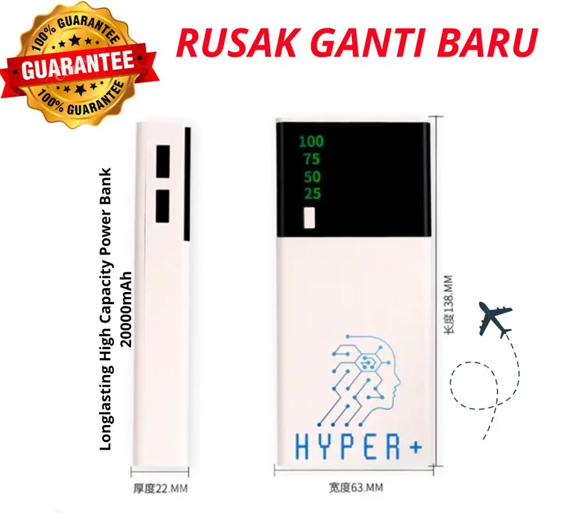 Hyper Powerbank 20000mAh LED Double USB Input Output | Garansi ganti baru 1