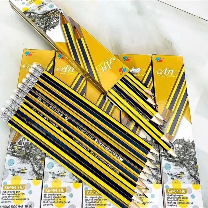 Hộp 10 cây bút chì TL bút chì kèm tẩy ít gãy nét đậm dùng luyện viết chữ cho học sinh, văn phòng