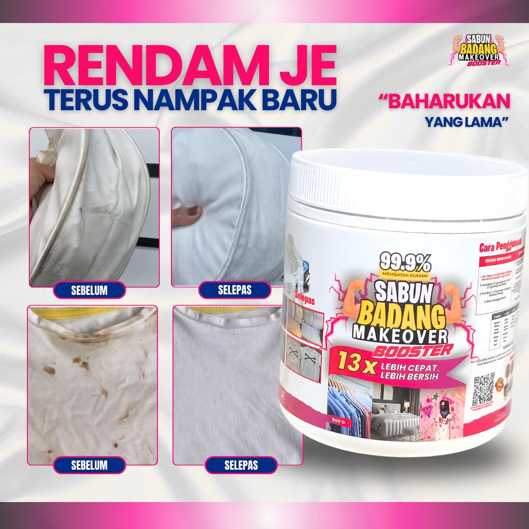 Sabun Badang Makeover Booster Cleaner Multifunction Serbuk Viral Hilangkan Kotoran Degil Tahi Lalat Fabrik Warna Luntur Watercolour Darah Minyak Baju Putih Sekolah Telekung Kereta Kuali Kasut Periuk Sofa Beg Bundle Tudung Karpet Basuh Cuci Rendam