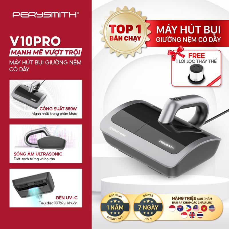 PerySmith Máy Hút Bụi Giường Nệm V10Pro Có Đèn UV Diệt Khuẩn Lực Hút Mạnh Có Sấy Nóng Gọn Nhẹ Tặng Lõi Lọc Thay Thế Bảo Hành 1 Năm