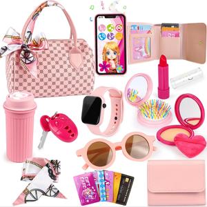 女の子用おしゃれバッグ 化粧ポーチ、子供用おままごとメイクセット、プリンセストイのクロスボディバッグ、カップ、電話、時計、スカーフ、ブラシ付き