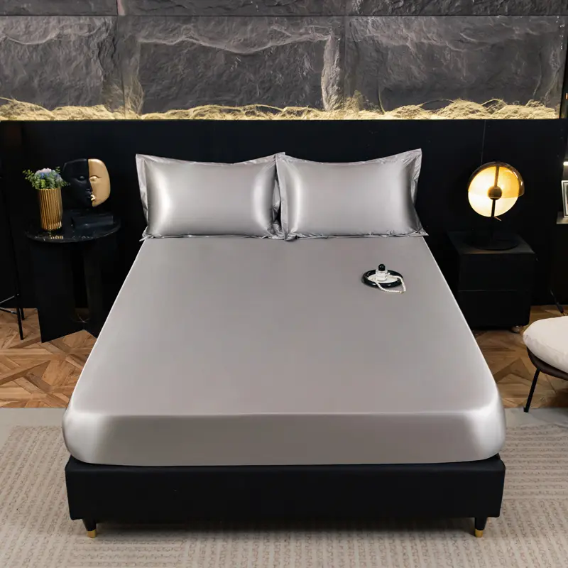Water proof Bedding Set (Sheet+Pillowcase) Solid Color Mattress Protective Cover Skin-Friendly Satin Soft Silk Queen King Size