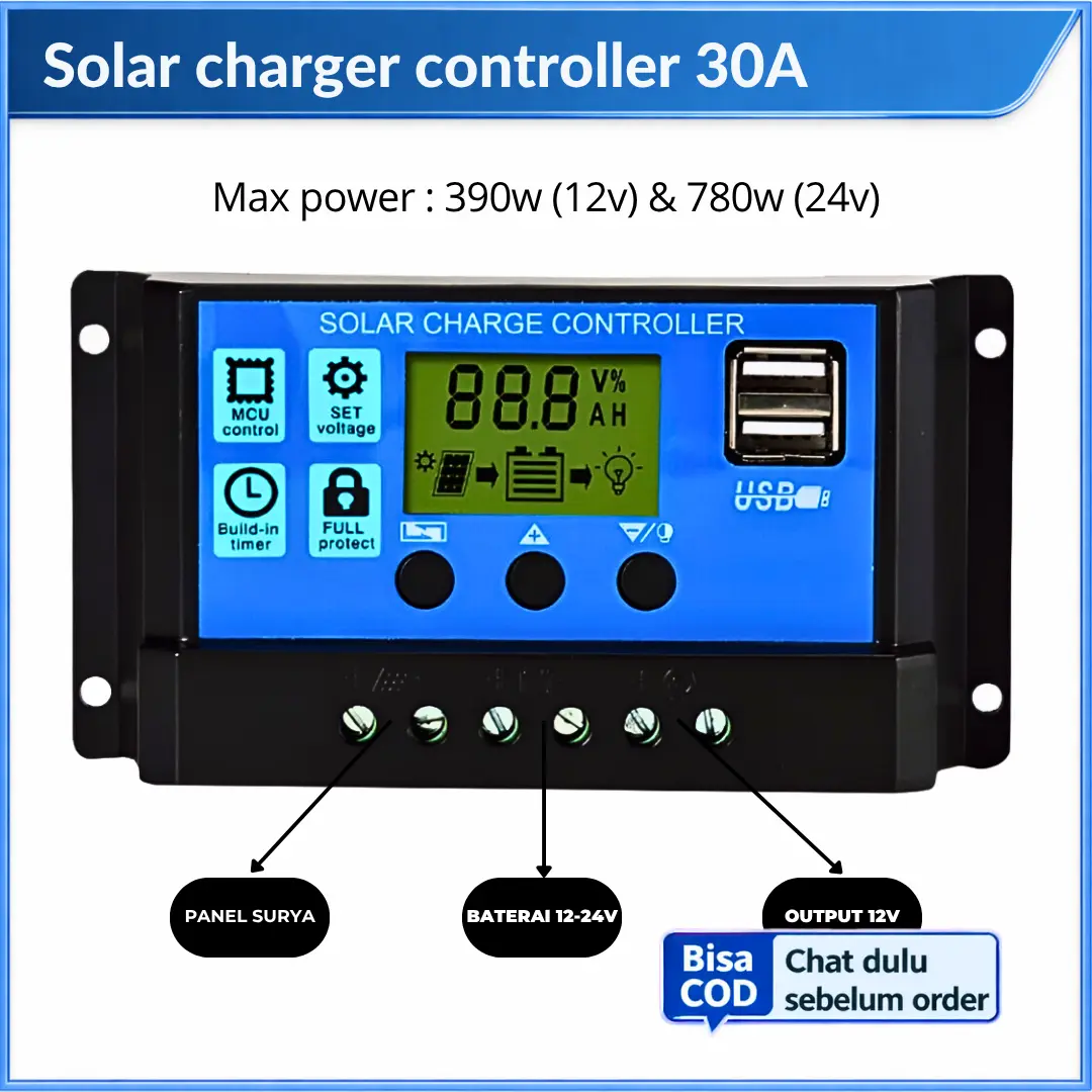 Solar Charger Controller 30A Solar Cell PWM 2 USB 12V-24V Control Pengisian Daya Panel Surya ke Aki Baterai Kabel Power
