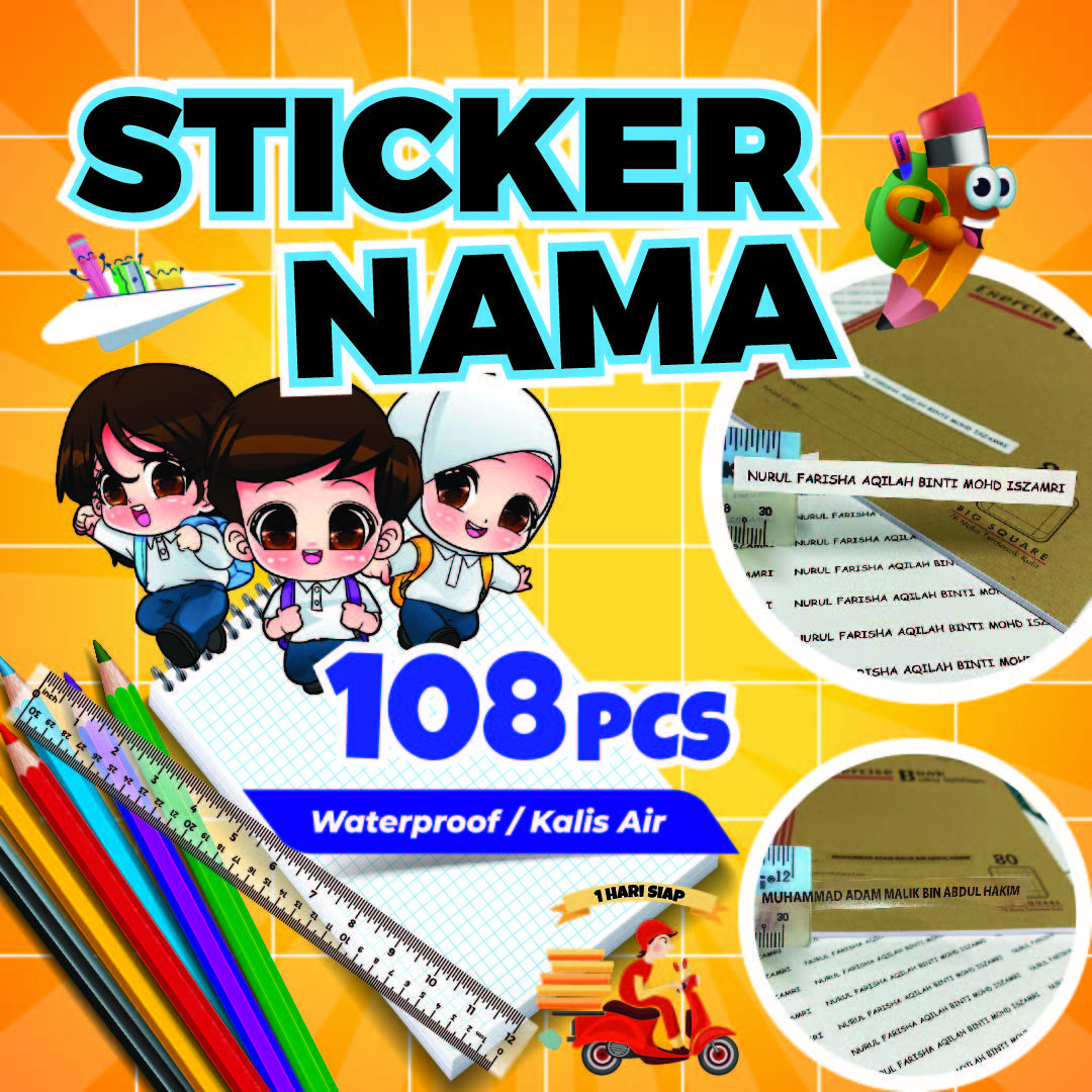 Sticker Nama Sekolah Waterproof 108pcs