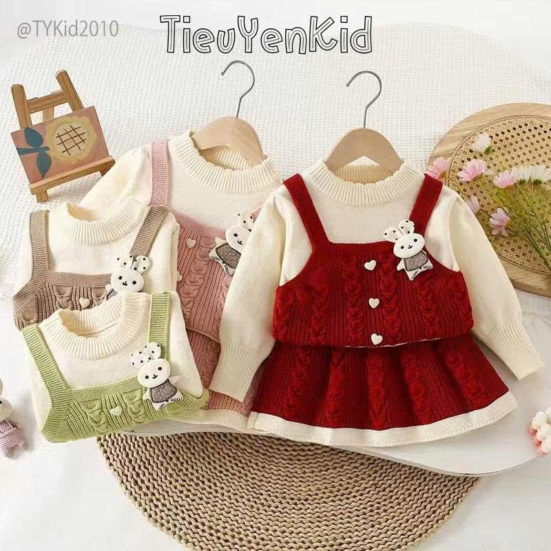 Tiểu Yến KID S2010-Bộ len bé gái QCCC áo giả yếm và chân váy 2 màu hồng đỏ