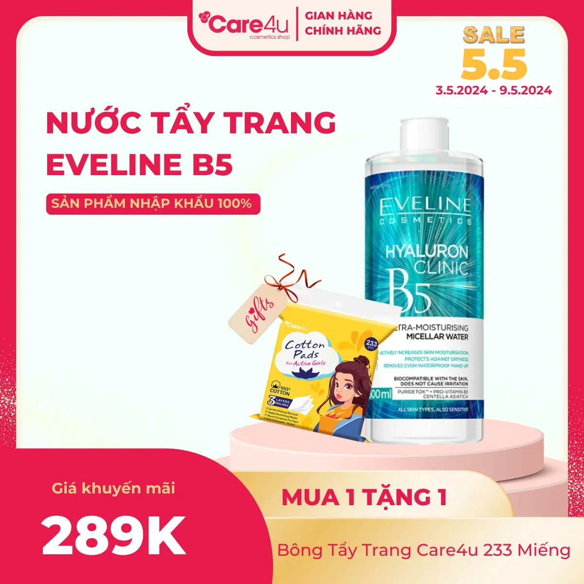 Nước Tẩy Trang Eveline Hyaluron Clinic B5 Cho Làn Da Ẩm Mịn Dung Tích 500ML