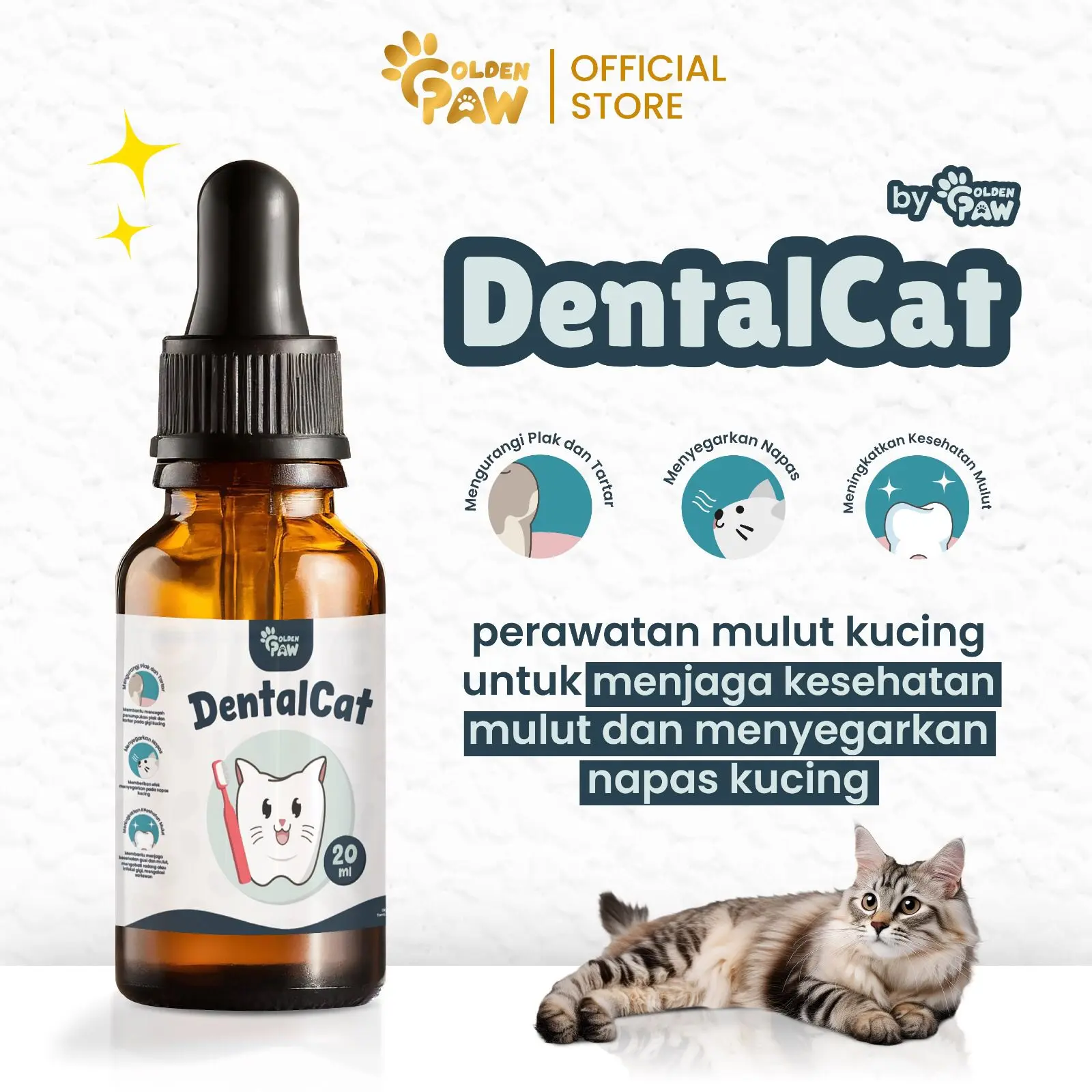 Golden Paw - DentalCat Obat Tetes Mulut Kucing Sariawan Radang Bau Mulut dan Pembersih Plak Karang Gigi Hewan 20ml