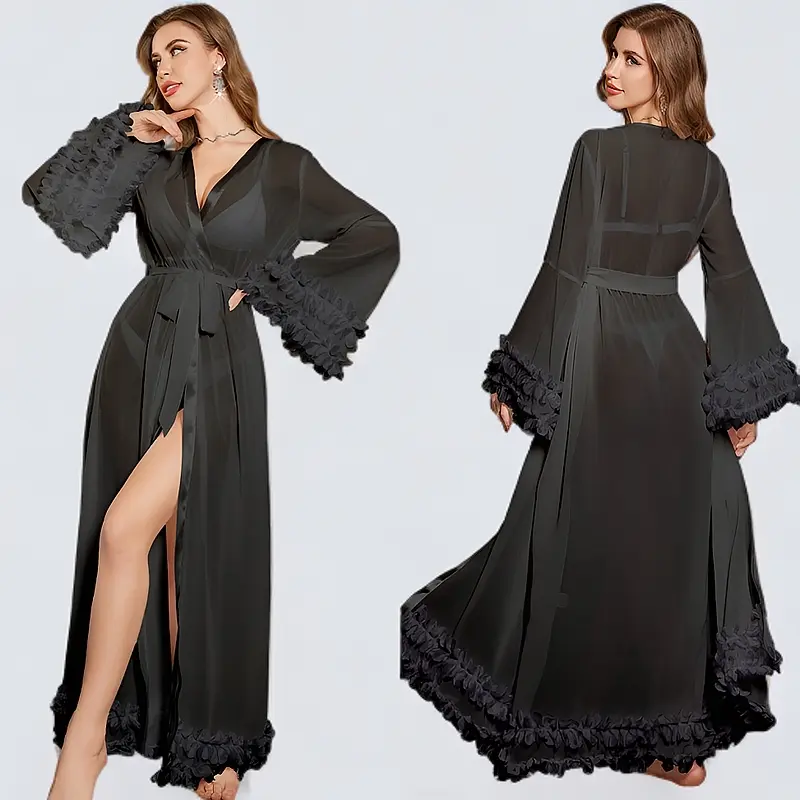 【Silk】Extra-long nightgown for women, long-sleeved bathrobe, sexy and luxurious.
