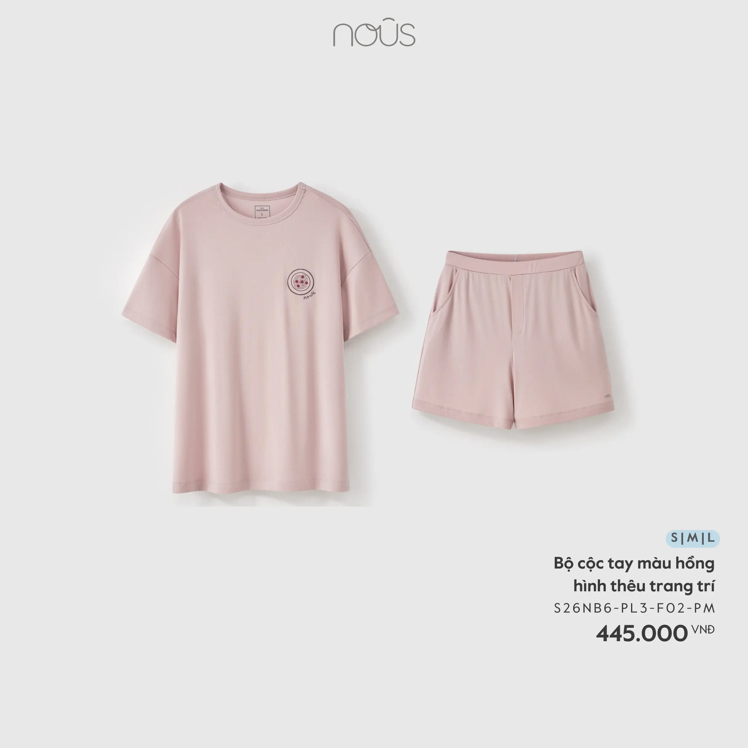 Bộ cộc tay màu hồng hình thêu trang trí Nous