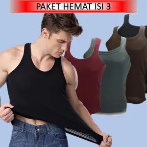 HEMAT ISI 3 Kaos dalam pria SINGLET Lelaki Tanpa Lengan warna Putih Hitam dan banyak warna lain.