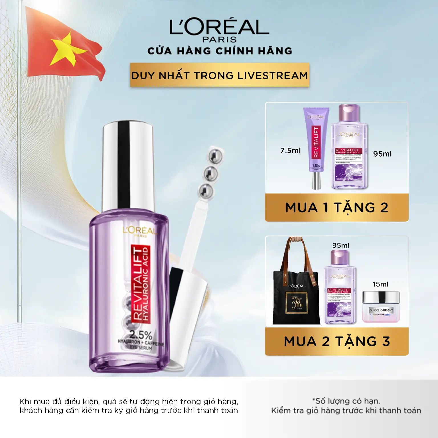 Serum dưỡng cấp ẩm giảm nếp nhăn vùng mắt L'Oréal Paris Revitalift Hyaluronic Acid+Caffeine Eye Serum 20ml