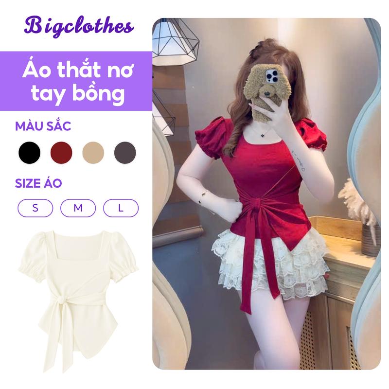 Áo Thun Nữ Cổ Vuông Tay Bồng BigClothes, Áo Thun Nữ Vạt Chéo Buộc Nơ Thời Trang C08