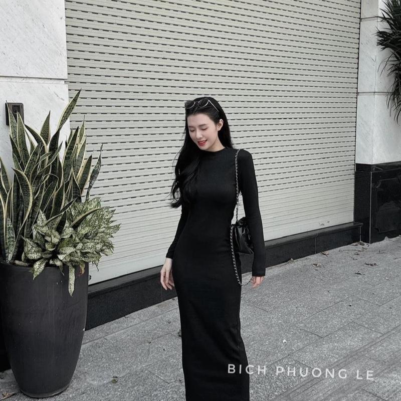 NTH BIGSIZE- Váy số 08 VHM38-680 Ôm Body chất thun tăm hàn xẻ sau cổ tròn TAY DÀI Dáng Dài m38 BIGSIZEe Nữ ... 55-100kg