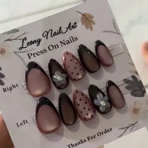 Kuku Palsu Cat Eye Motif Polkadot Mic Bunga 3D  Gratis Lem Gell & Toolkit