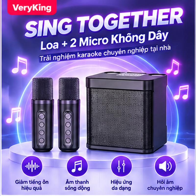 Loa karaoke Bluetooth VeryKing kèm 2 micro không dây, loa hát karaoke mini gia đình, âm thanh sống động, có hiệu ứng echo