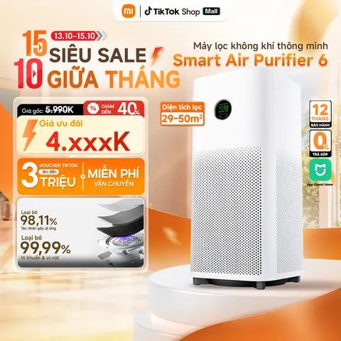 Máy lọc không khí Xiaomi Smart Air Purifier 6 - Tốc độ lọc: 443m³/h - Diện tích lọc: 29-50m2 - Tia UVC khử trùng - 5 cảm biến - Bảo hành 12 Tháng - Hàng chính hãng