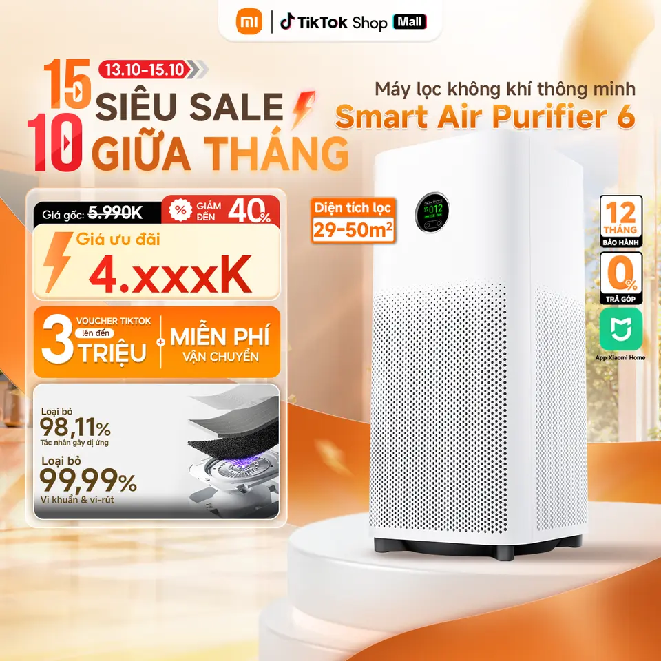 Máy lọc không khí Xiaomi Smart Air Purifier 6 - Tốc độ lọc: 443m³/h - Diện tích lọc: 29-50m2 - Tia UVC khử trùng - 5 cảm biến - Bảo hành 12 Tháng - Hàng chính hãng