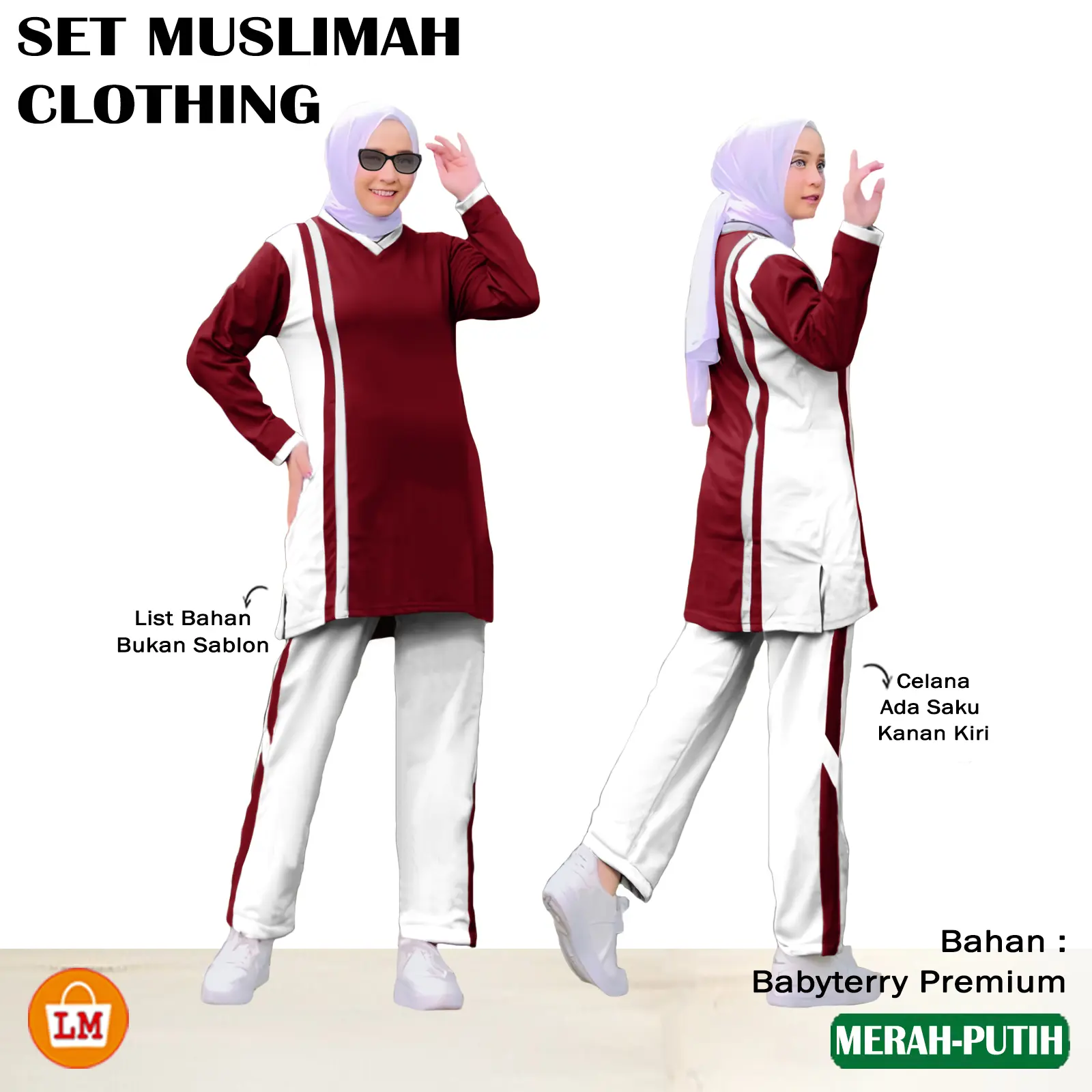 LM 37669 SET MUSLIMAH CLOTHING Setelan Training Olahraga Wanita Muslimah Lengan Panjang Bahan Babyterry Size L XL XXL XXXL Adem