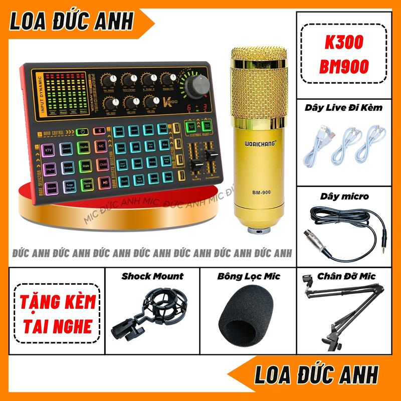  Bộ Sound Card K300 Đời Mới Mic Thu Âm BM900 Đủ 3 Màu Hát Nhẹ Hút Xa Chuyên Thu Âm Livestream Kèm Tai Nghe 