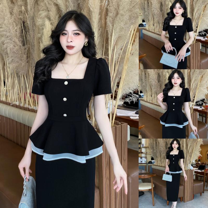Váy Thiết Kế Evii V01 dành cho nữ Đầm thiết kế cổ vuông 3 cúc  Peplum dáng liền bút chì xuông  phù hợp đi làm  đi chơi và đi dự tiệc Có Bigsize Women Dress